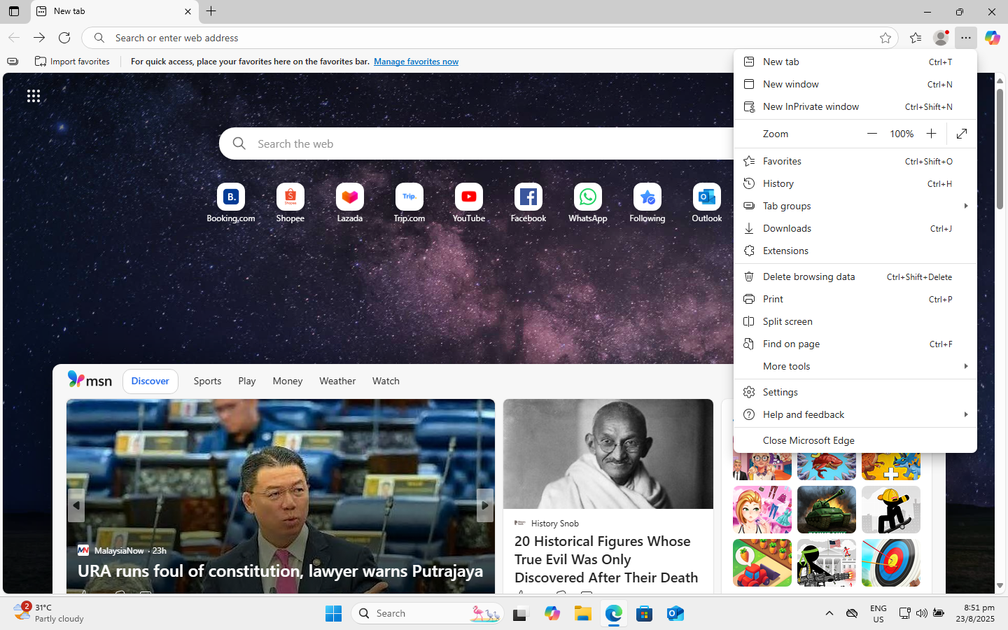 "Settings and more" menu