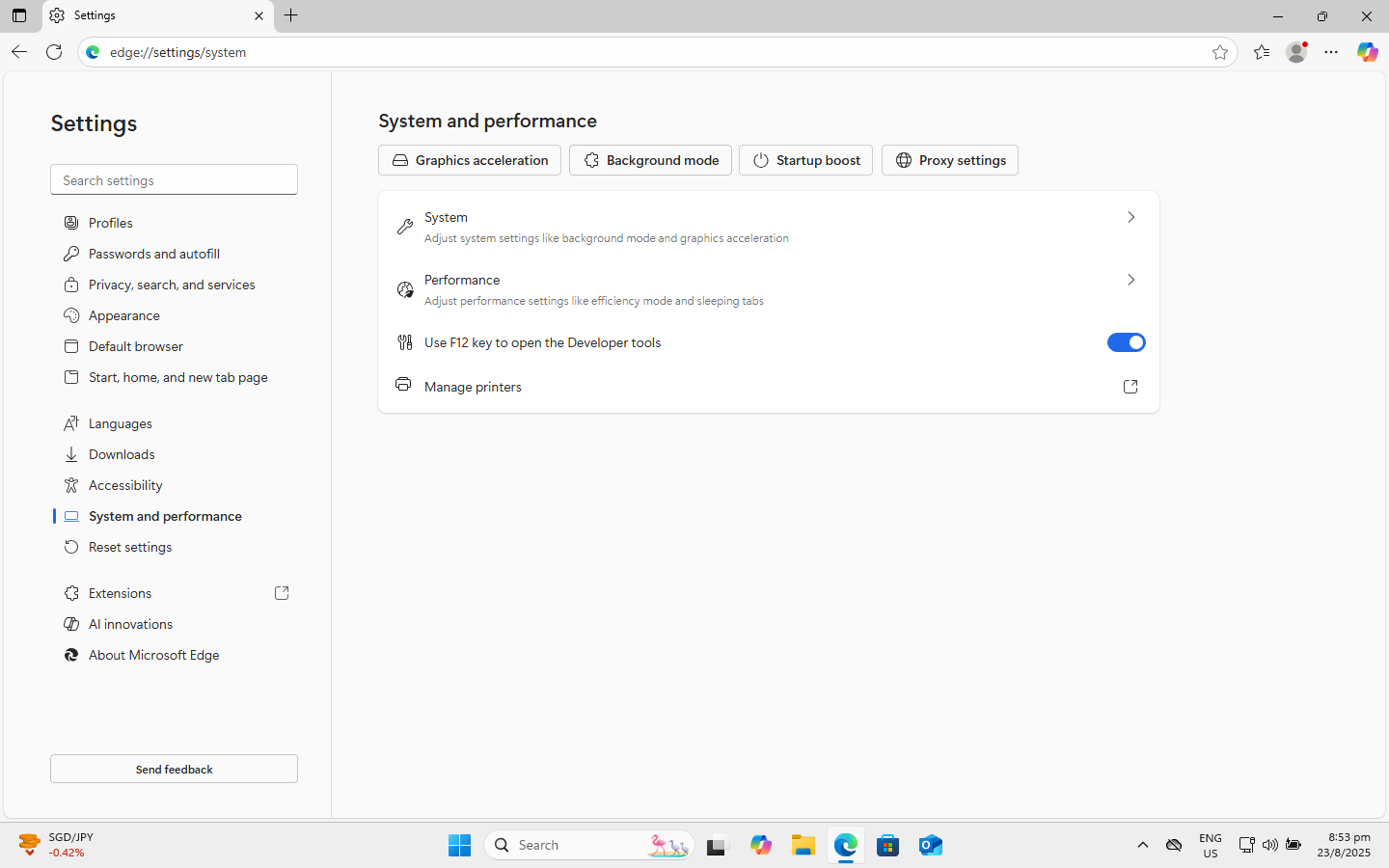 Microsoft Edge Settings Page